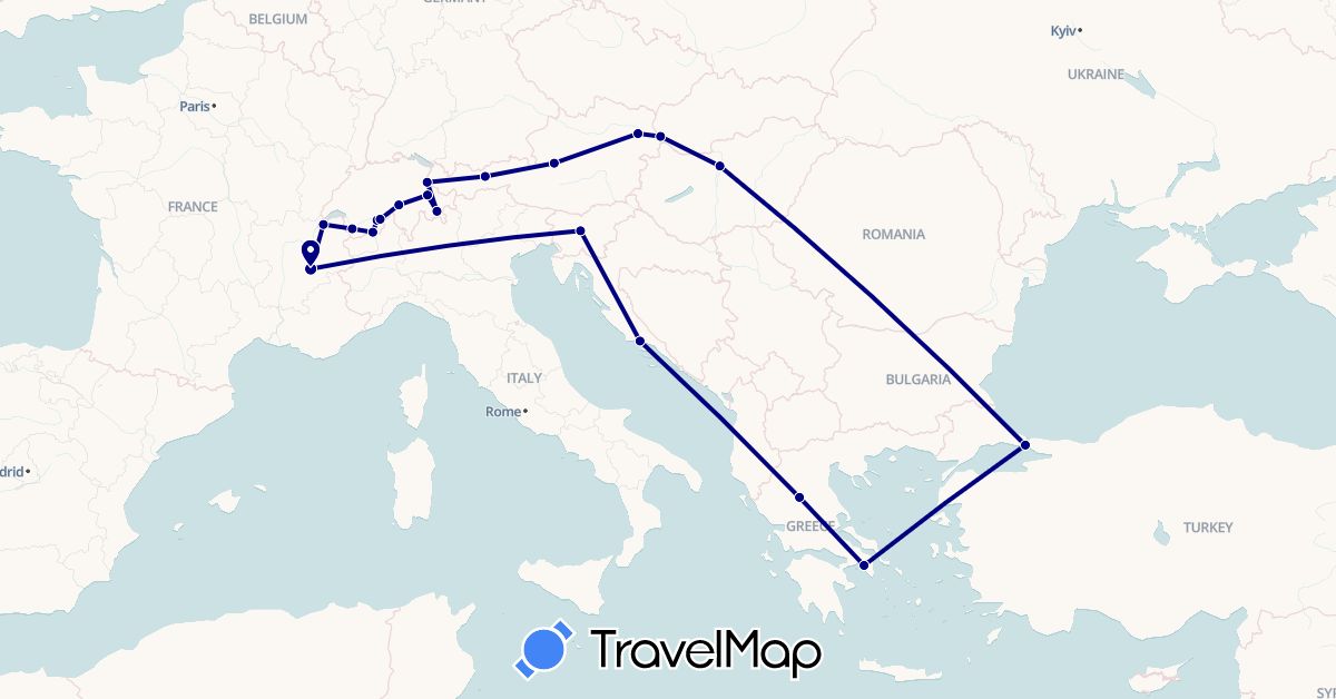 TravelMap itinerary: driving in Austria, Switzerland, France, Greece, Croatia, Hungary, Liechtenstein, Slovenia, Slovakia, Turkey (Asia, Europe)